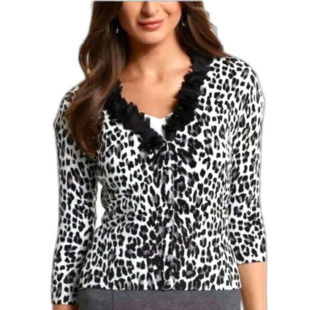 White House Black Market Leopard Print Cardigan Ruffle Trim Snap Front S